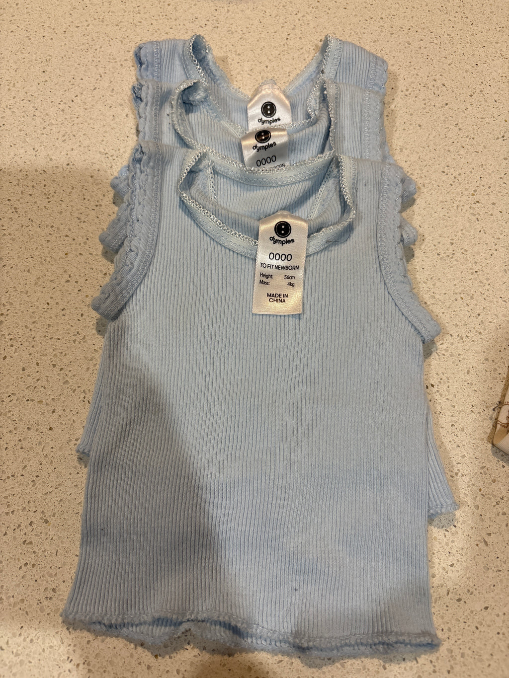 3 Baby Blue Dymples singlets Size 0000